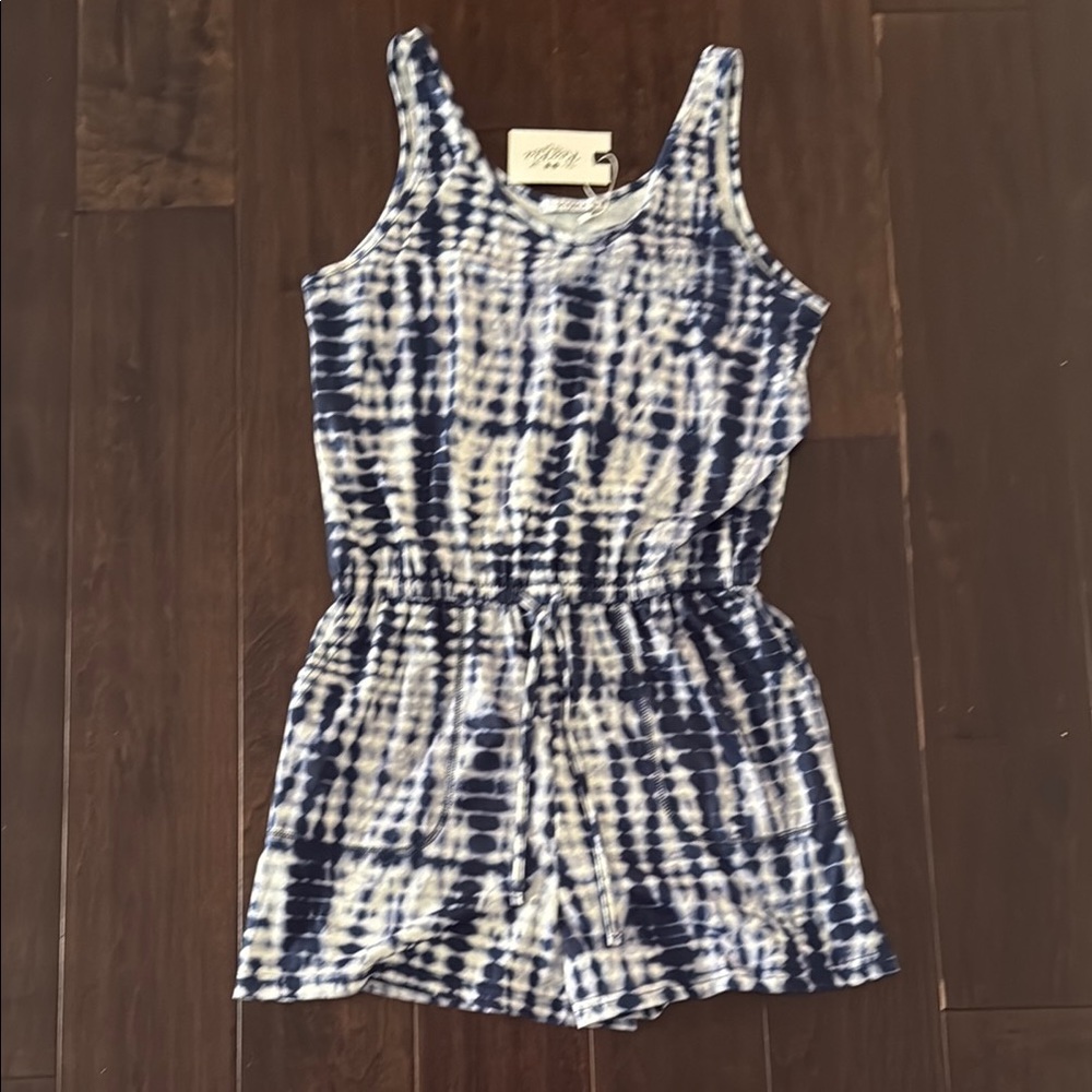 NWT REORIA Women’s Blue and White Tie-Dye Romper with Elastic Waistband